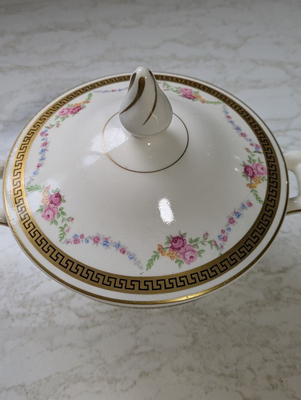 Edwin M. Knowles Floral Porcelain Covered Sugar Bowl with Gold Trim - Picture 2 of 13